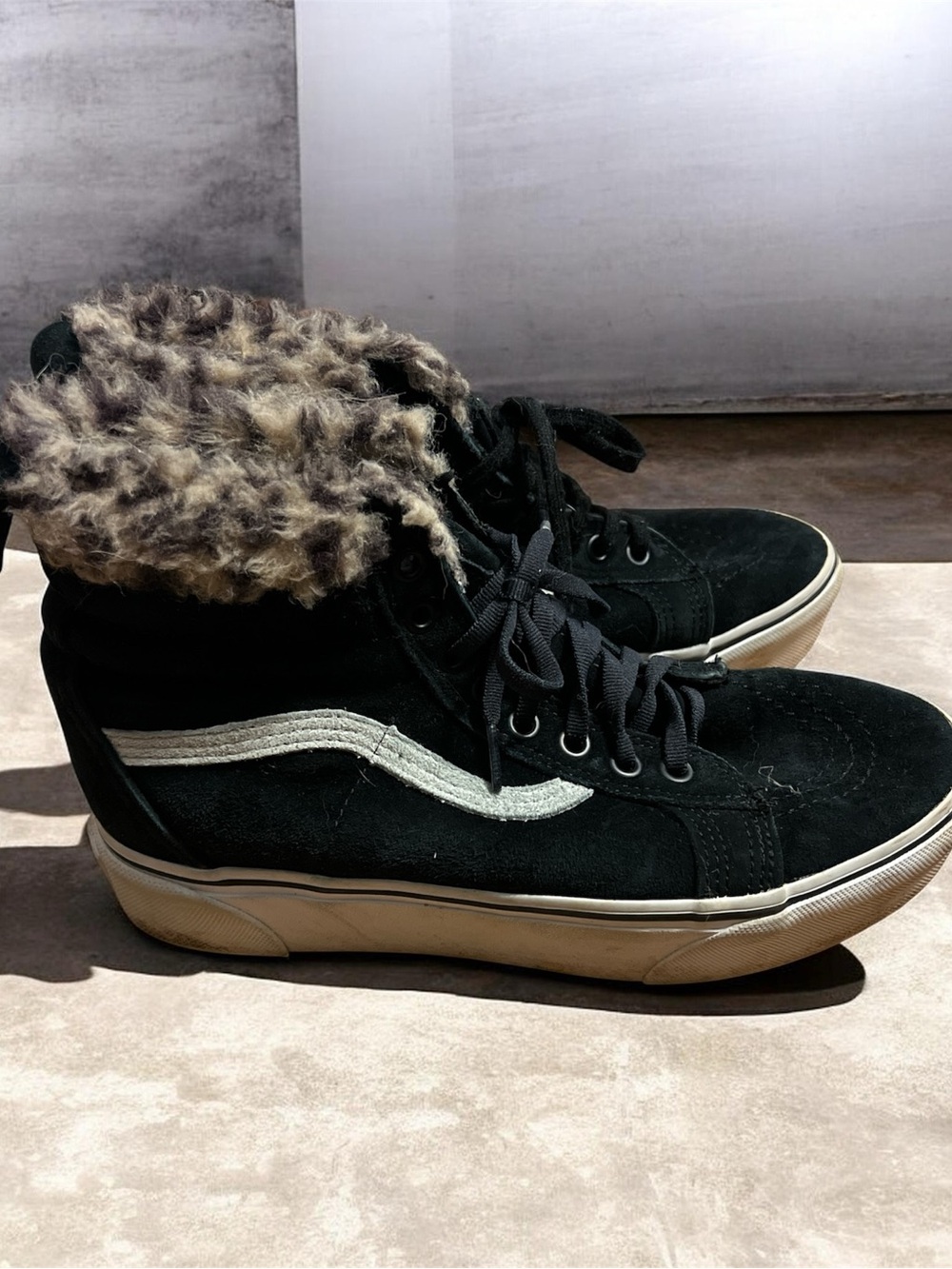 Vans Black High-Top Sneakers with Faux Fur Collar and White Side Stripe